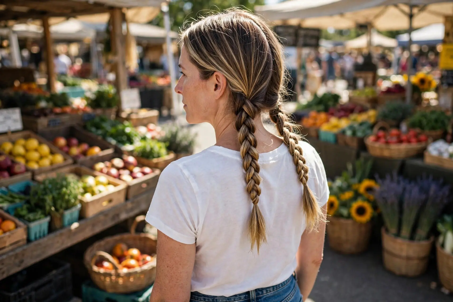 Braided pigtails with two low three-strand braids worn down the back in dark blonde hair at a farmers market