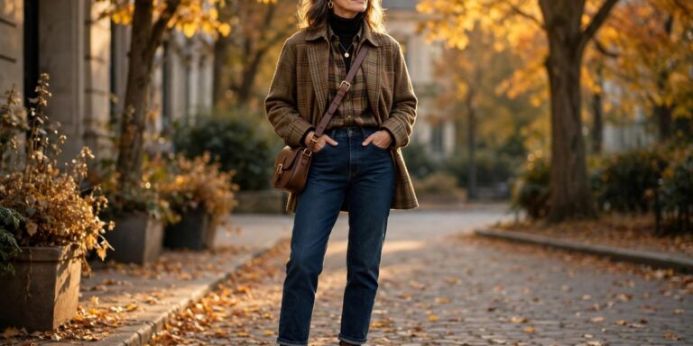 Woman over 50 wearing a plaid shacket fall outfit