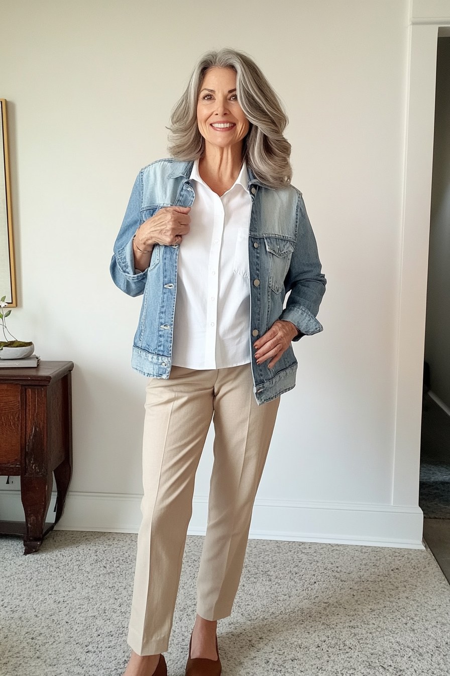 Denim shacket worn open over a white tee with olive trousers, woman over 50