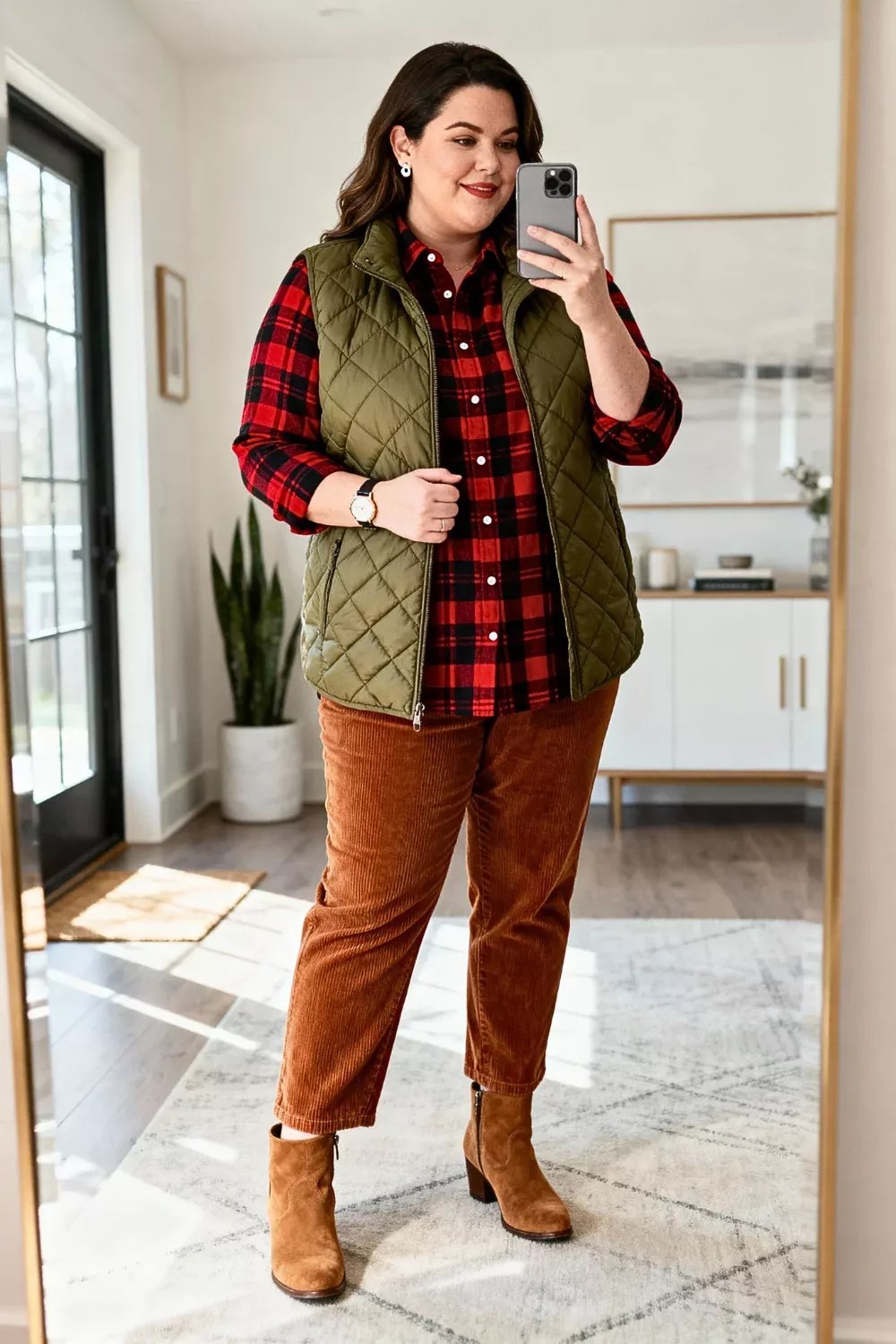 Plaid shacket with an olive quilted vest and cords, woman over 50 fall look