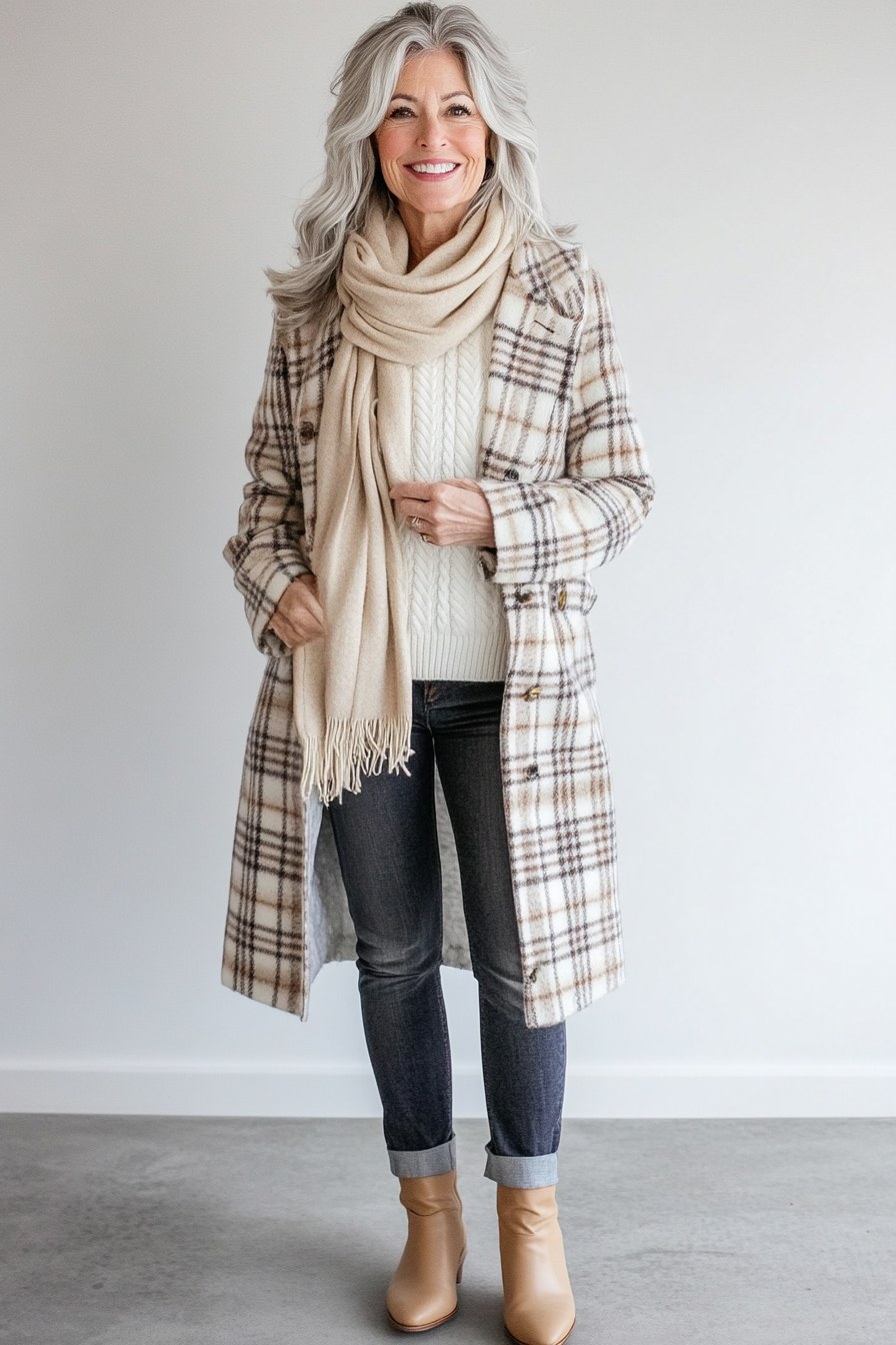 Grey wool shacket layered under a long camel coat, woman over 50 fall look