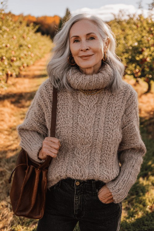 Heavy wool shacket over a chunky knit sweater with jeans, woman over 50