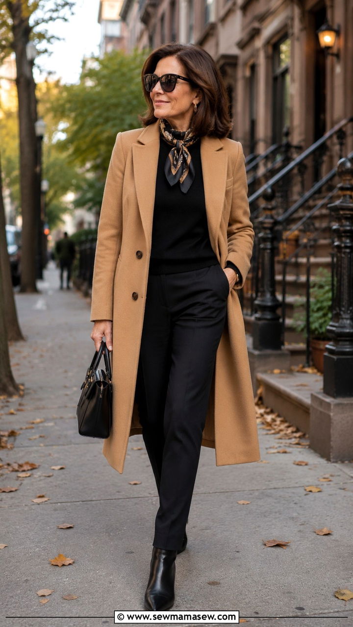 Camel shacket draped over the shoulders with a velvet top and black trousers, woman over 50