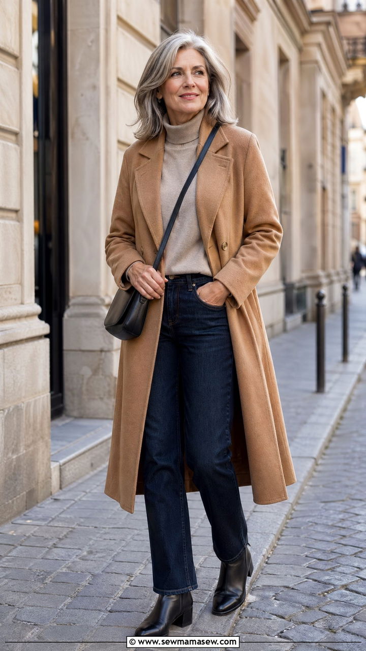 Camel wool shacket over a cream turtleneck with dark jeans, woman over 50