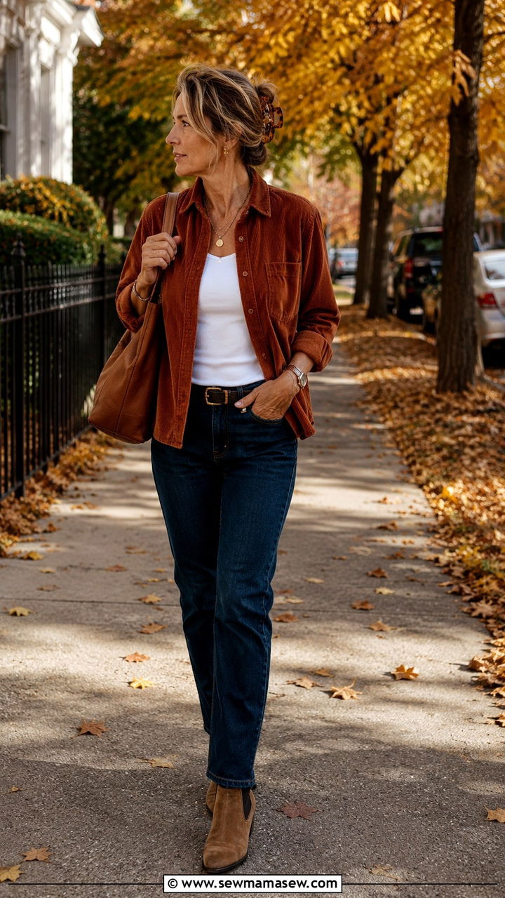 Corduroy shacket with a rust knit sweater and barrel jeans, woman over 50