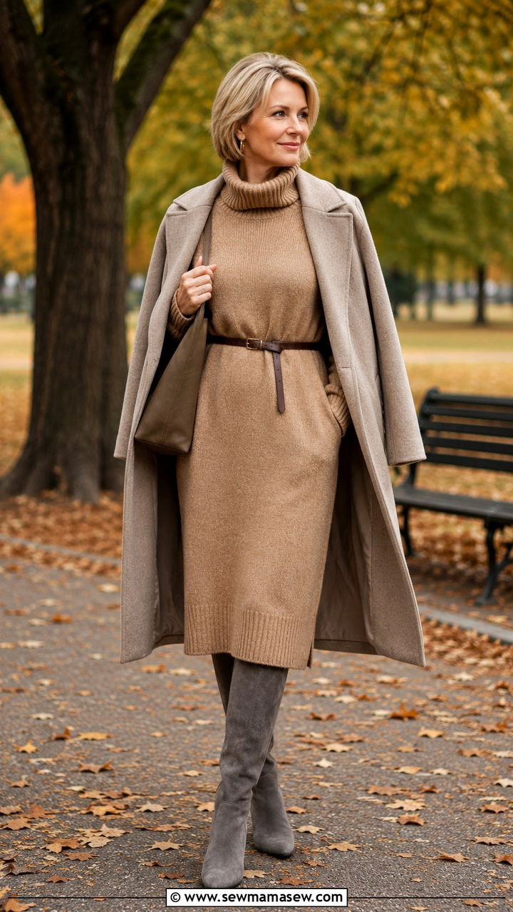 Wool shacket belted over a burgundy knit dress with knee boots, woman over 50