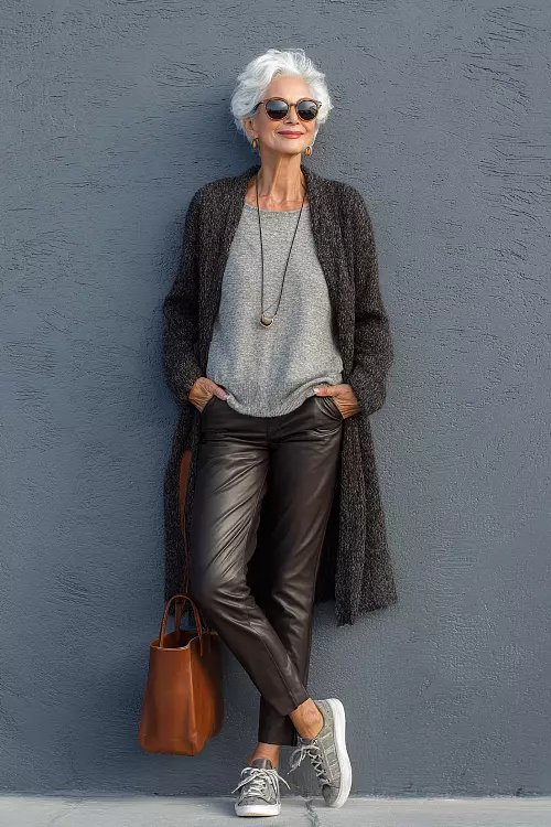 Knit shell with leather jacket and black trousers — edgy fall outfit over 50