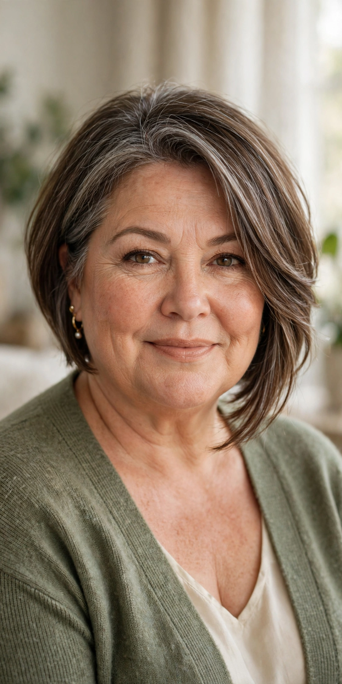 Plus-size woman in her 50s with a jaw-skimming angled bob haircut