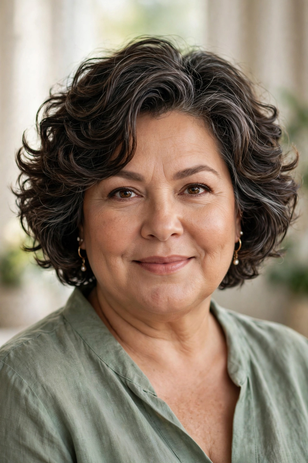 Plus-size woman in her 50s with bouncy layered bob hairstyle