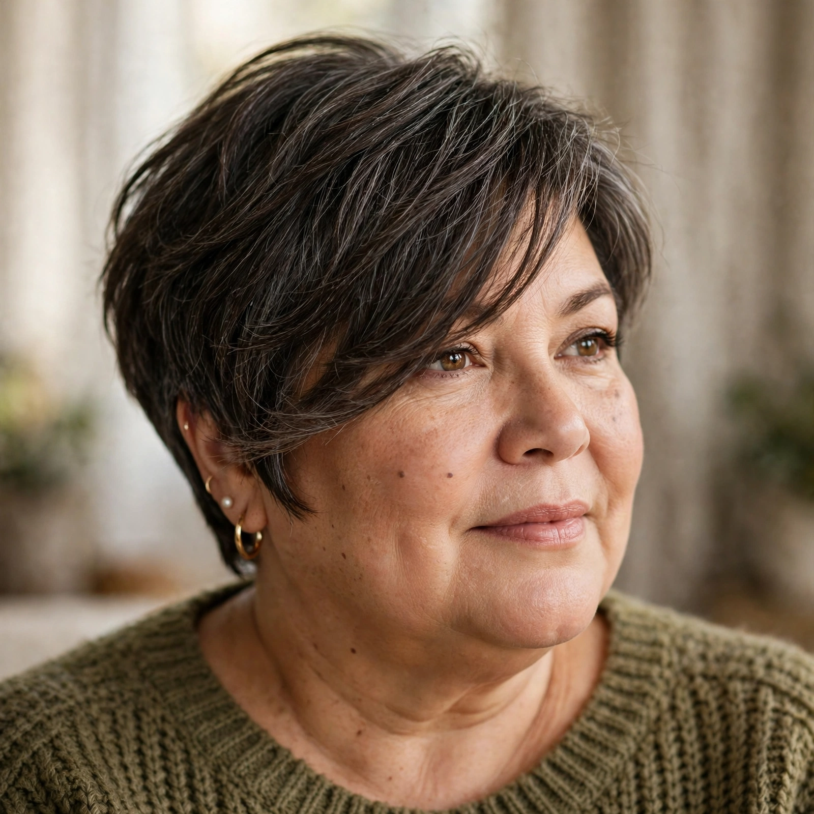 Plus-size woman in her 50s with side-swept pixie bob haircut