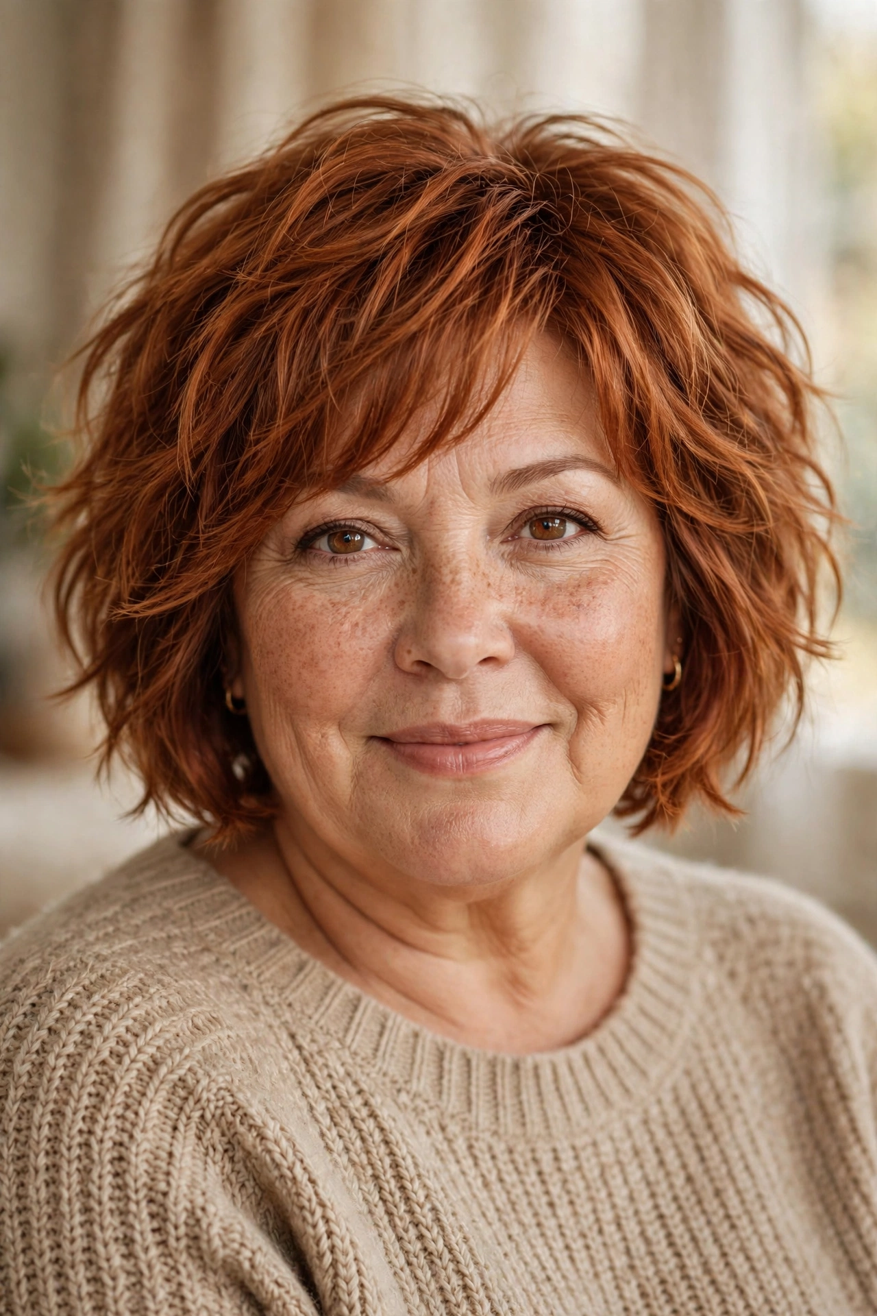 Plus-size woman in her 50s with warm copper shaggy bob