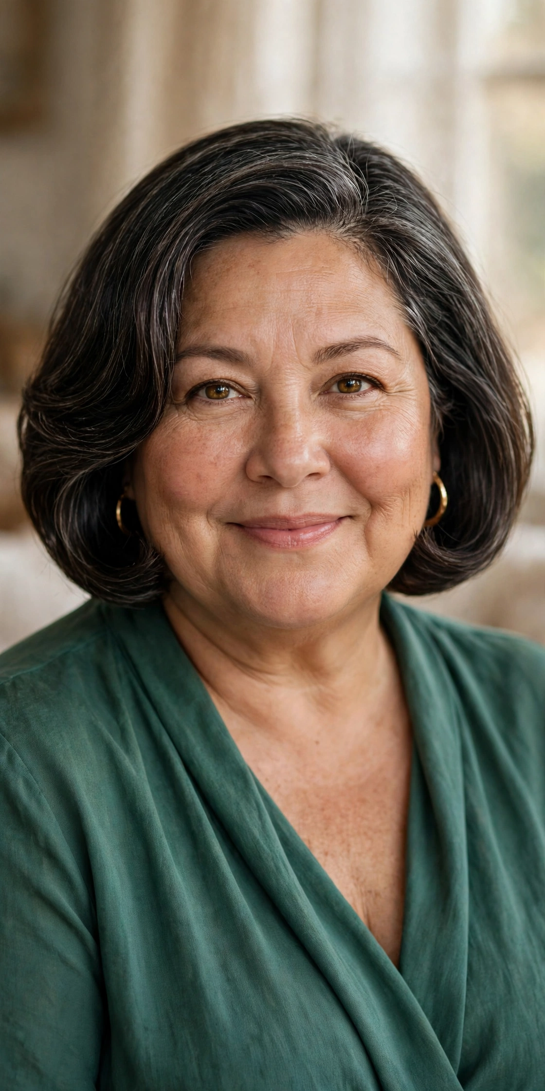 Plus-size woman in her 50s with chin-length curved bob haircut
