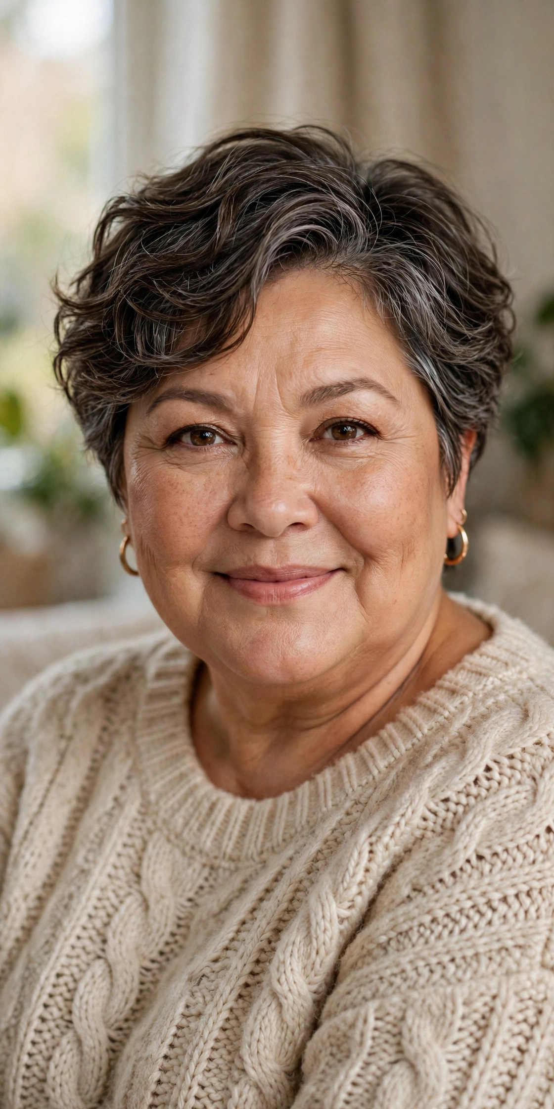 Plus-size woman in her 50s with soft wave crop hairstyle