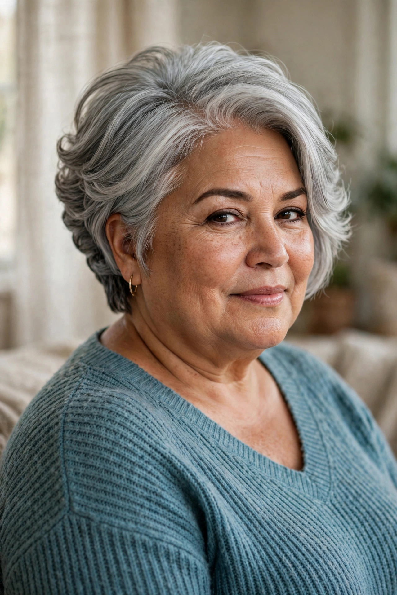 Plus-size woman in her 50s with silver graduated bob haircut