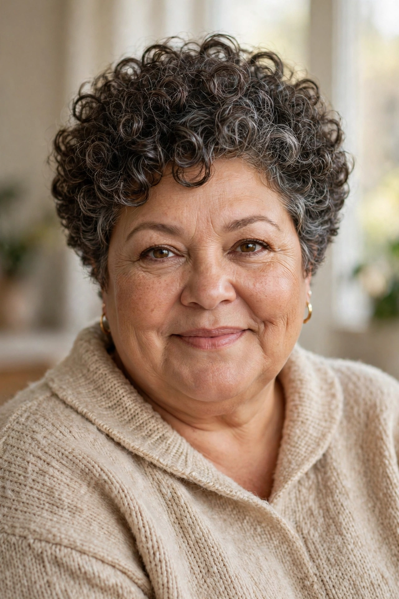 Plus-size woman in her 50s with voluminous curly crop hairstyle