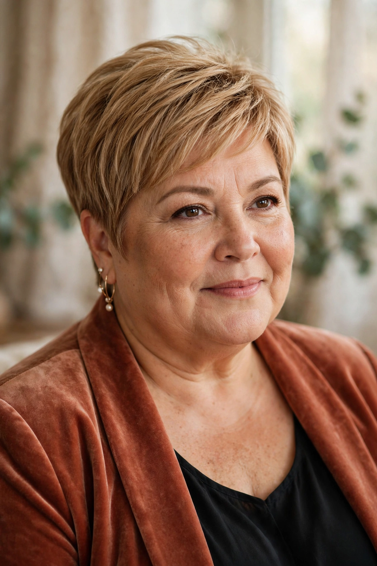 Plus-size woman in her 50s with honey-blonde tapered pixie haircut