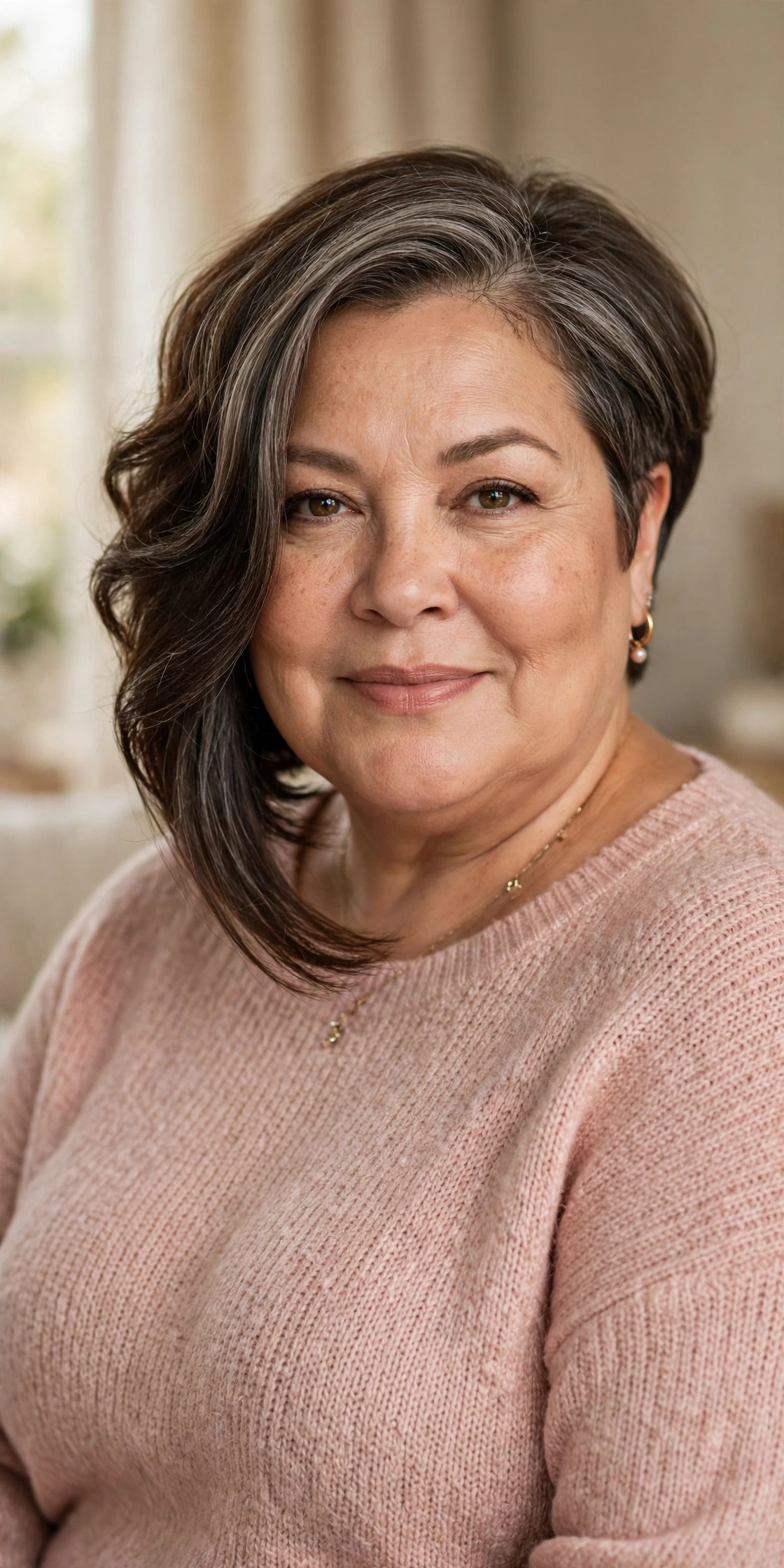 Plus-size woman in her 50s with asymmetric longer-front bob haircut