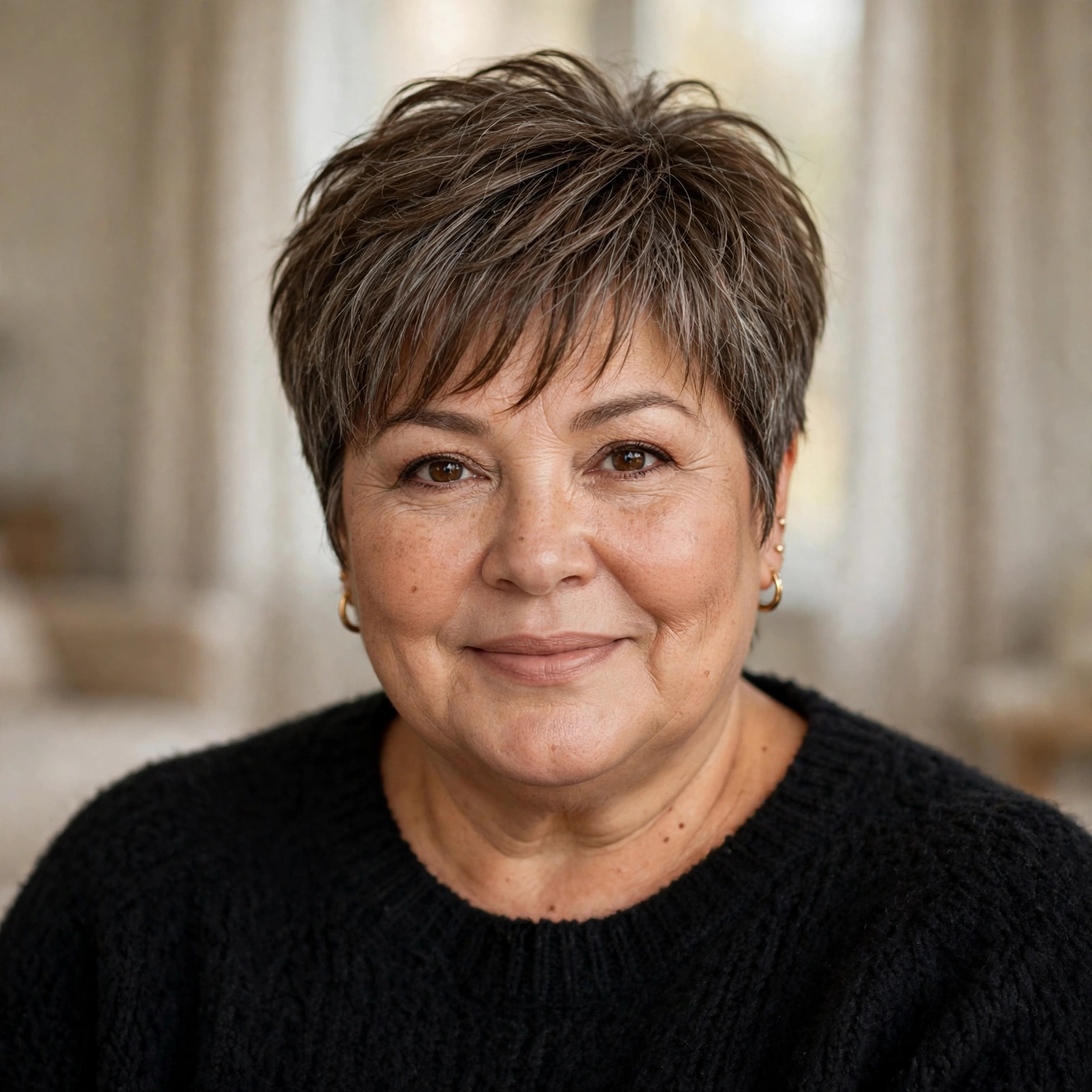 Plus-size woman in her 50s with feathered pixie and wispy bangs
