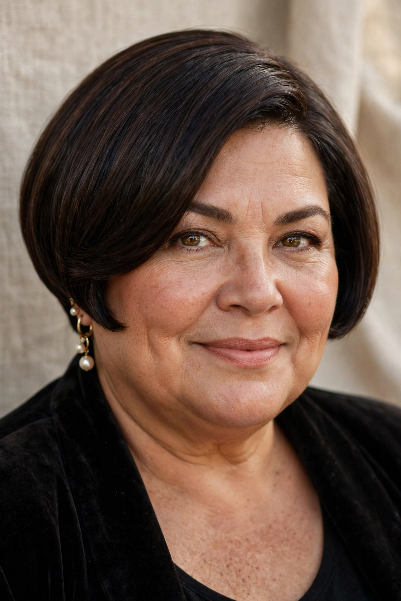 Plus-size woman in her 50s with sleek rounded mini bob