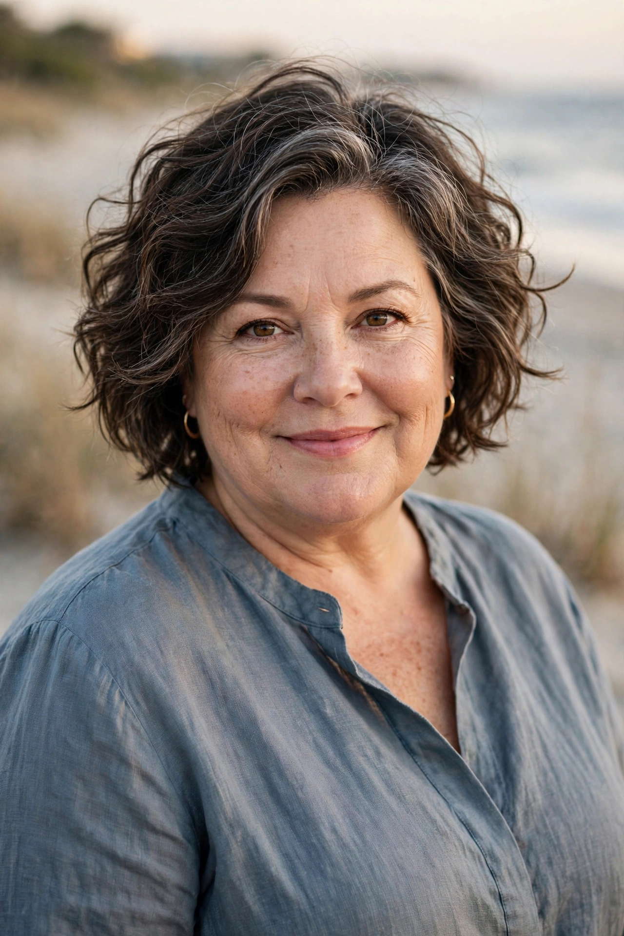 Plus-size woman in her 50s with beachy tousled bob hairstyle