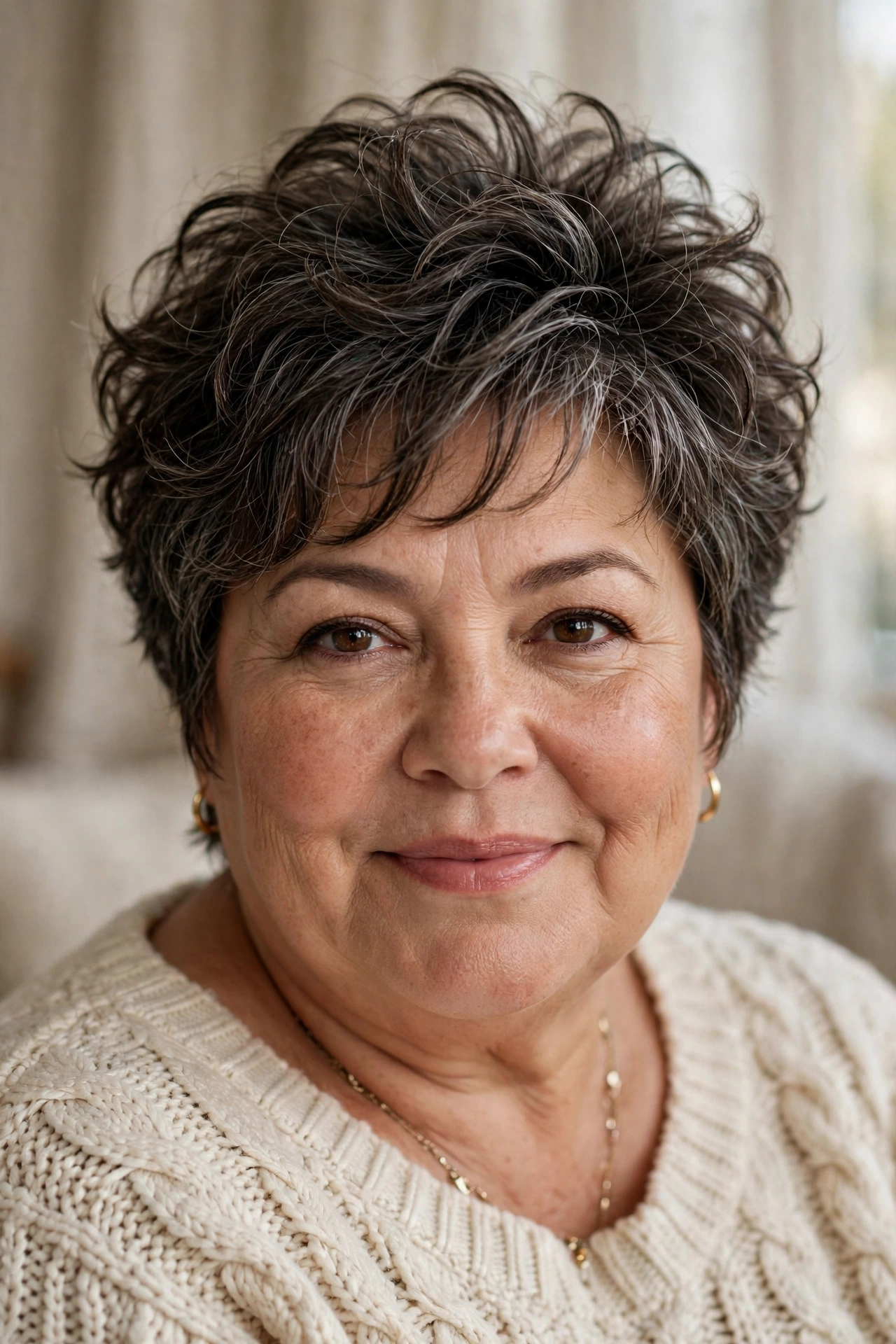Plus-size woman in her 50s with crown-lifted short shag haircut