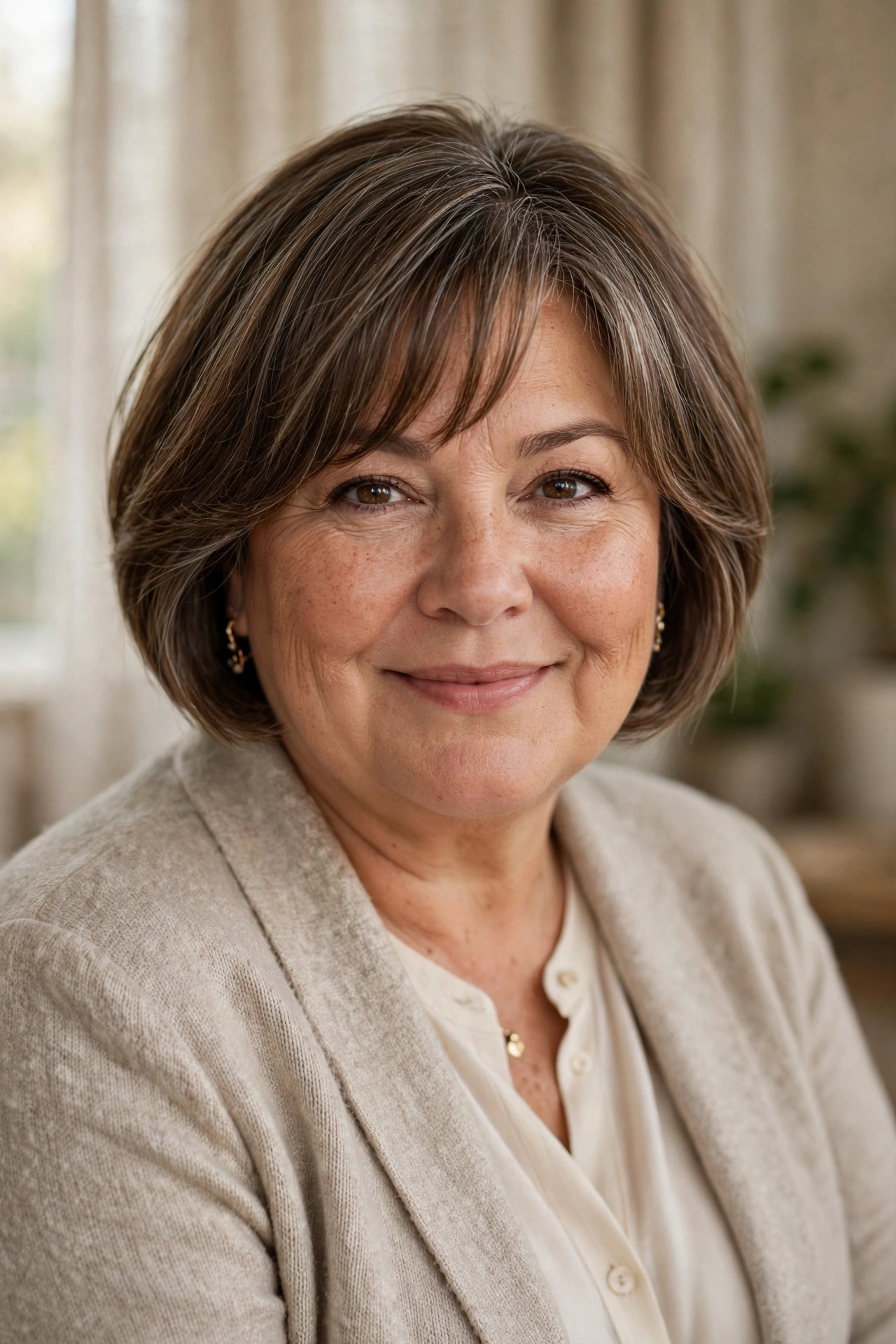 Plus-size woman in her 50s with curtain-bang bob hairstyle