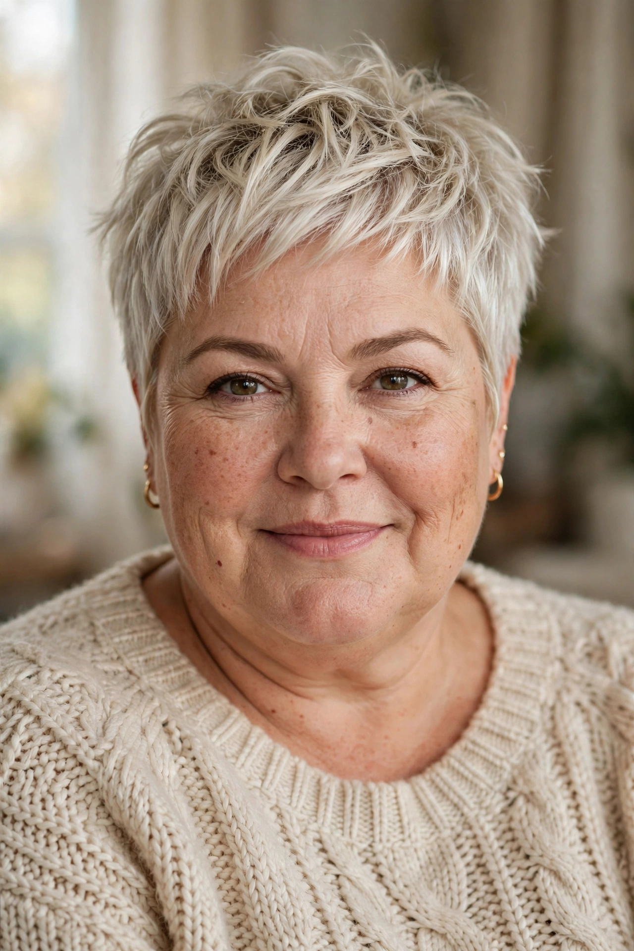 Plus-size woman in her 50s with icy blonde choppy pixie haircut