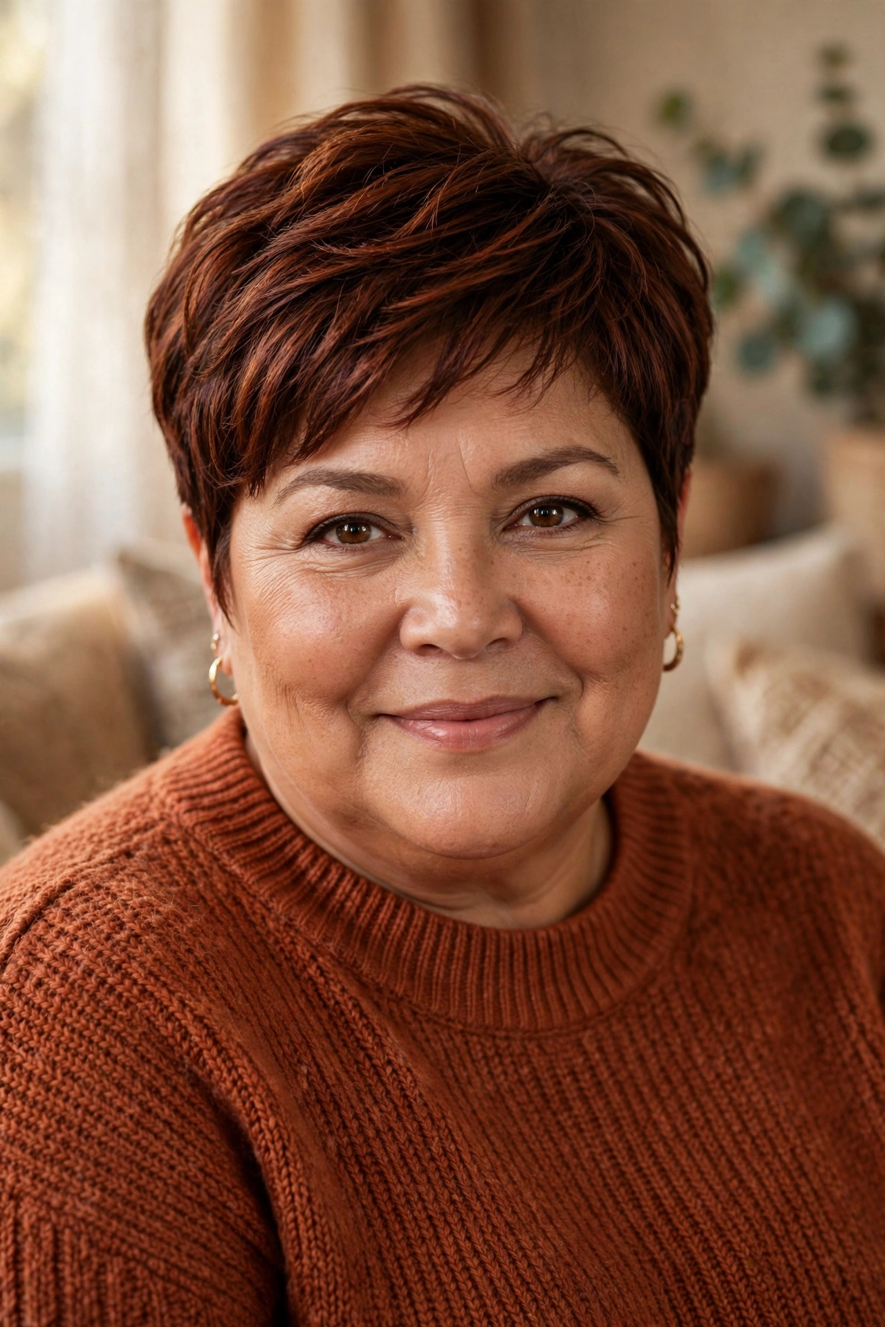 Plus-size woman in her 50s with mahogany layered crop hairstyle