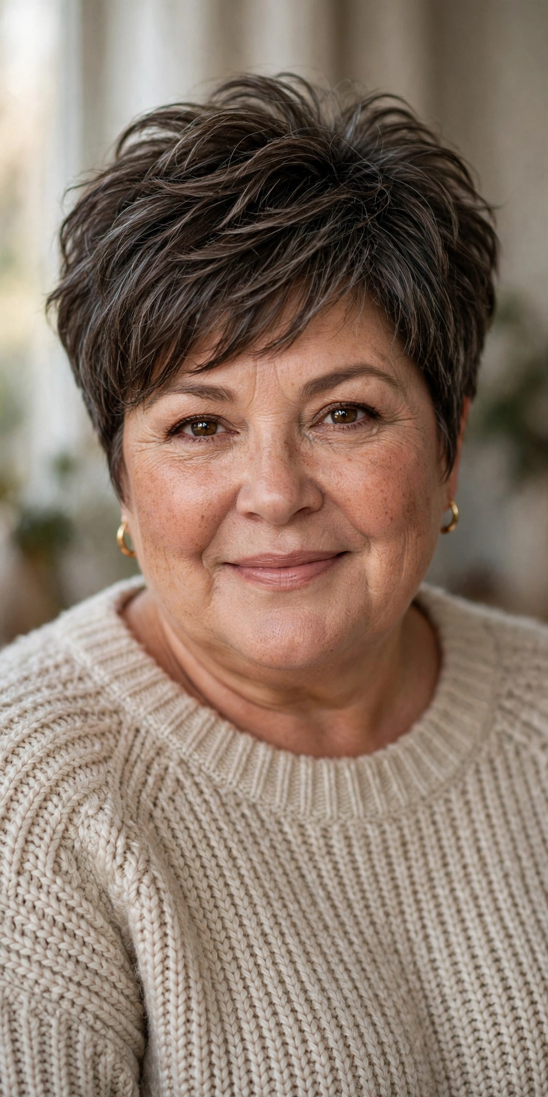 Plus-size woman in her 50s with textured pixie and long crown layers