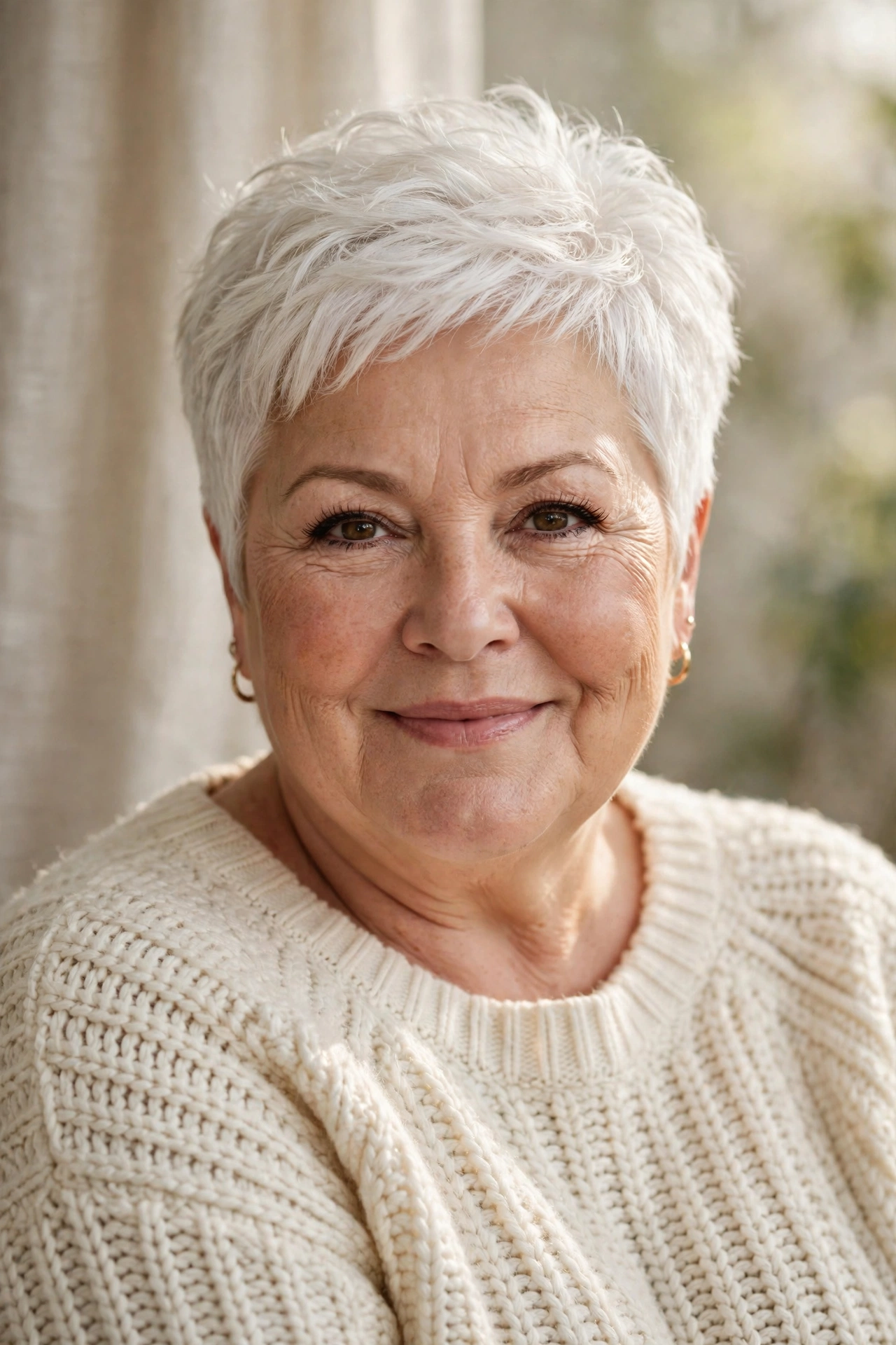 Plus-size woman in her 50s with soft white feathered crop hairstyle