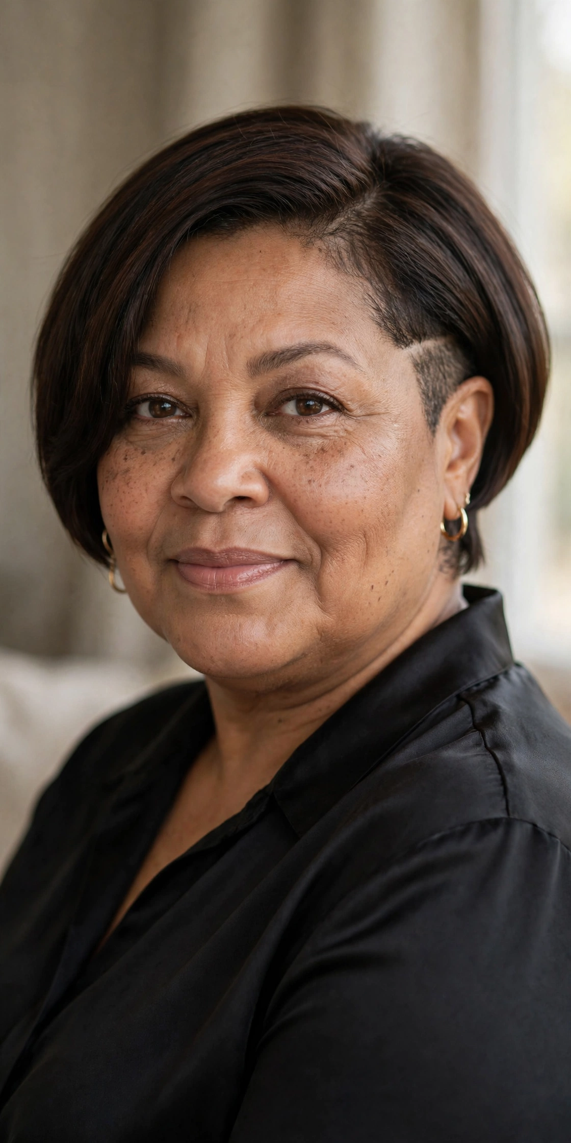 Plus-size woman in her 50s with bold undercut bob hairstyle