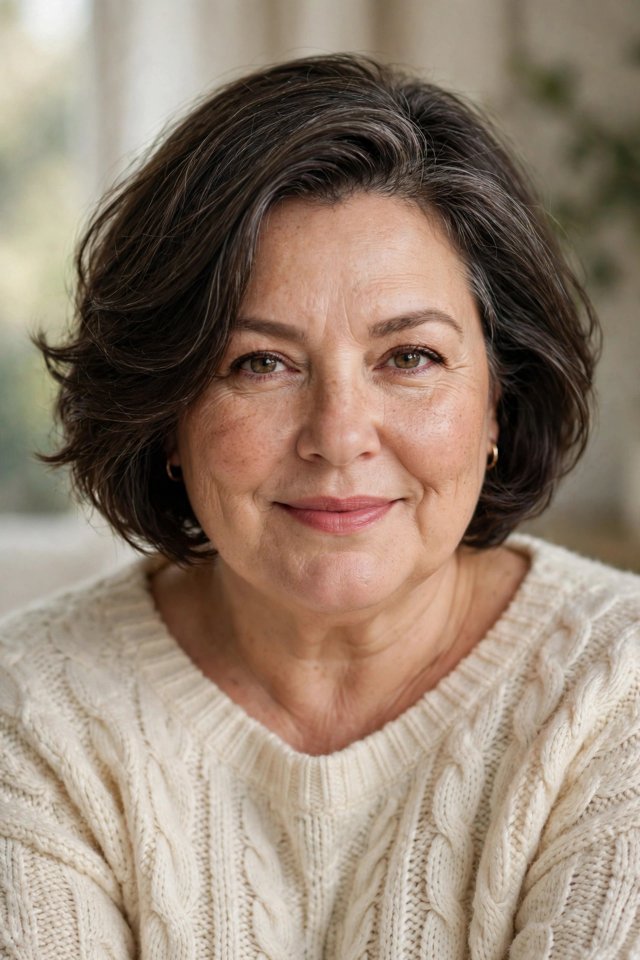Plus-size woman in her 50s with side-parted soft bob hairstyle