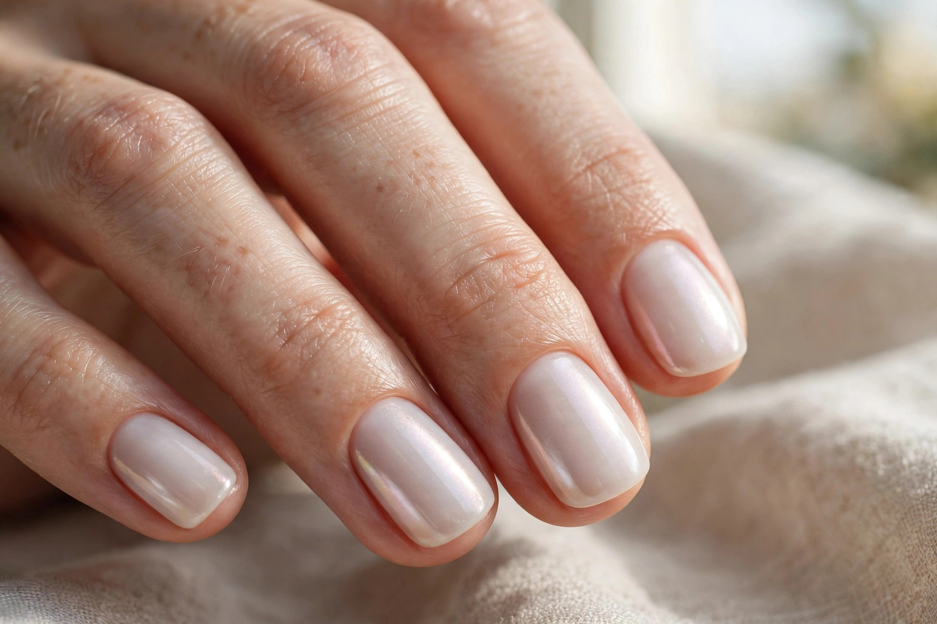 Short squoval nails with a sheer milky white glaze and pearlescent shine
