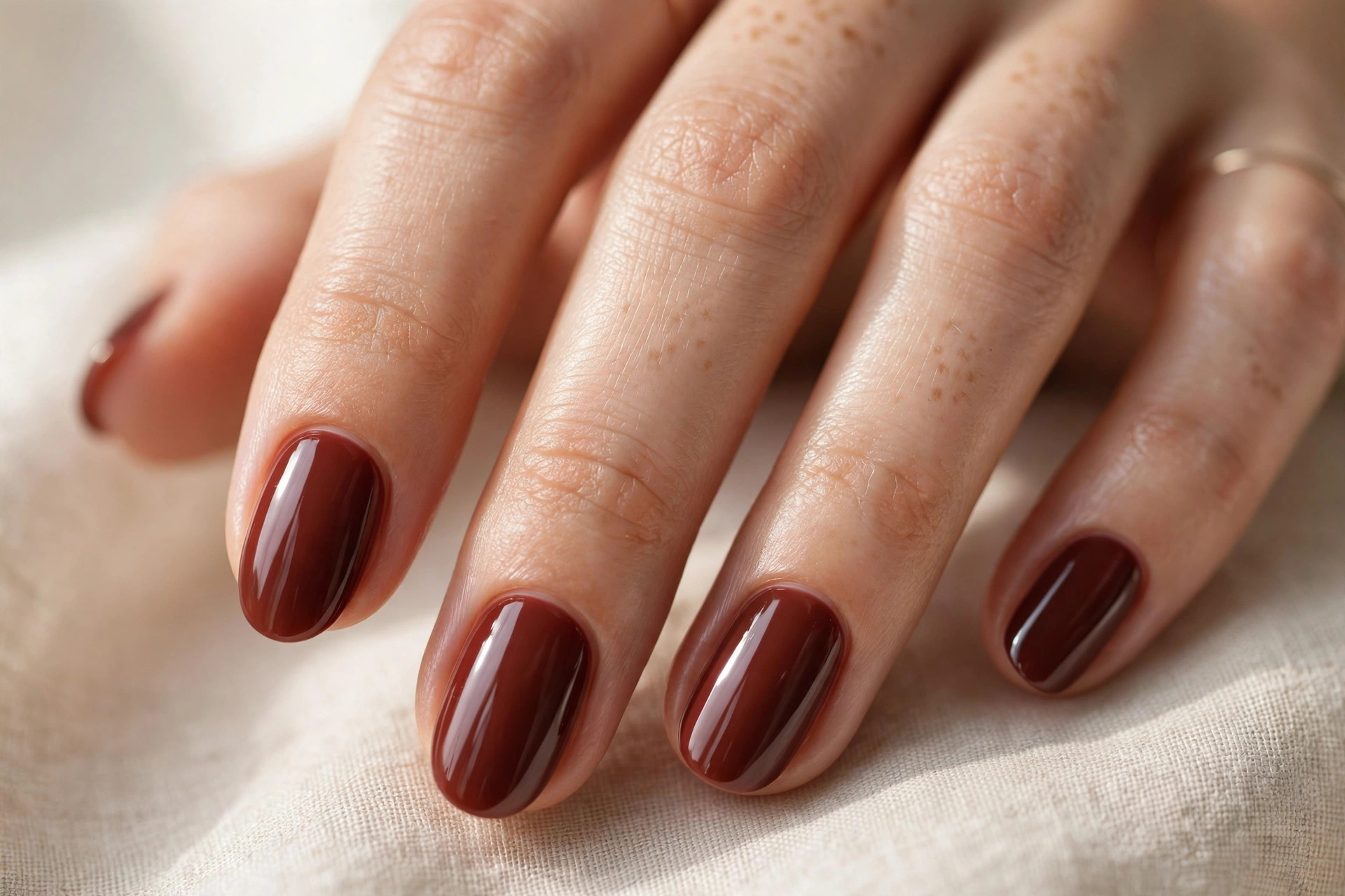 Short almond nails in glossy deep cherry-mocha brown-red polish