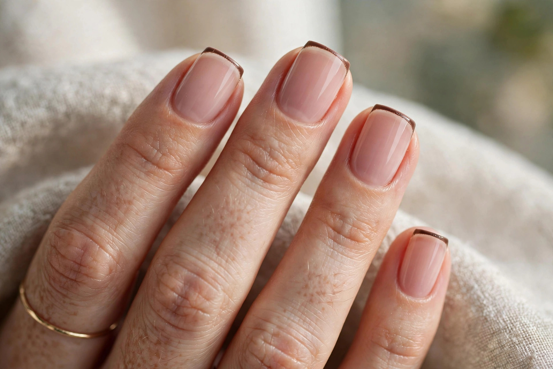 Short square nails with sheer nude base and thin espresso brown French tips