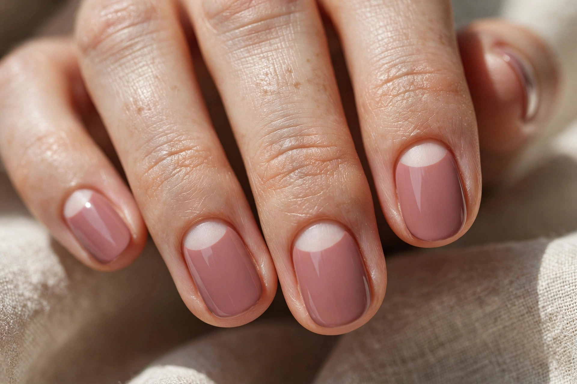 Short oval nails in dusty rose with bare negative-space crescents at the cuticles