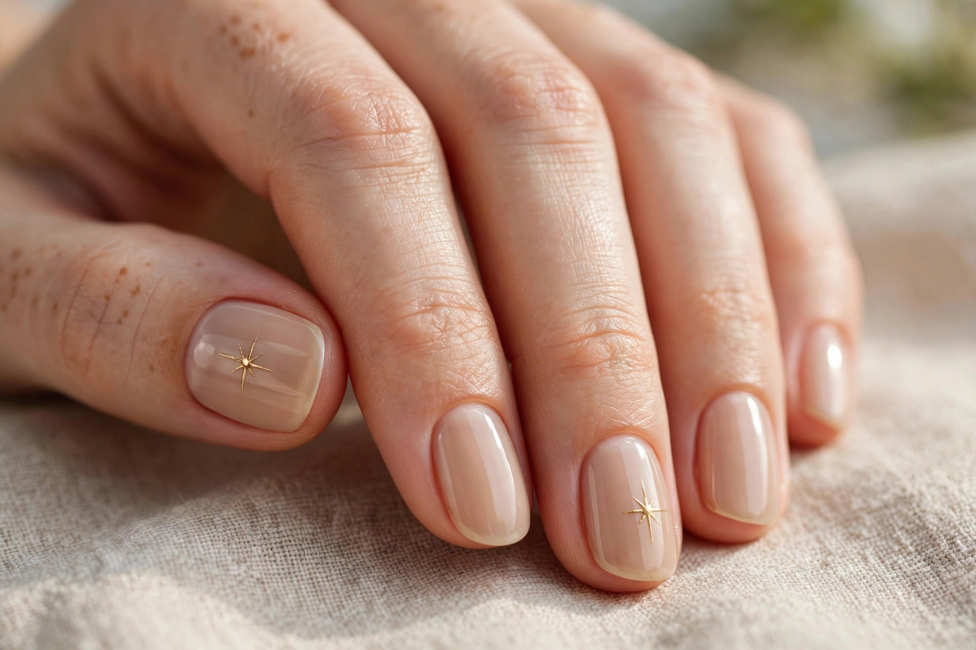 Short rounded nails in sheer nude with tiny gold starburst accents