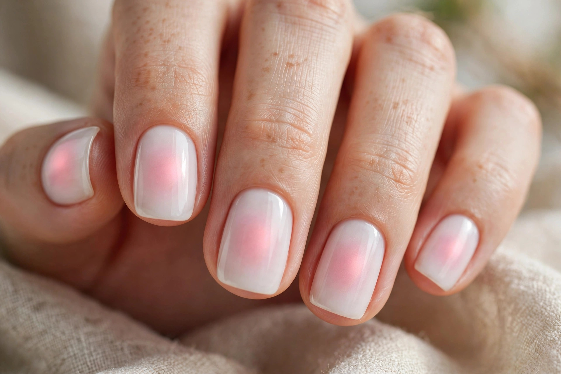 Short squoval nails with milky base and diffused pink aura glow at the center