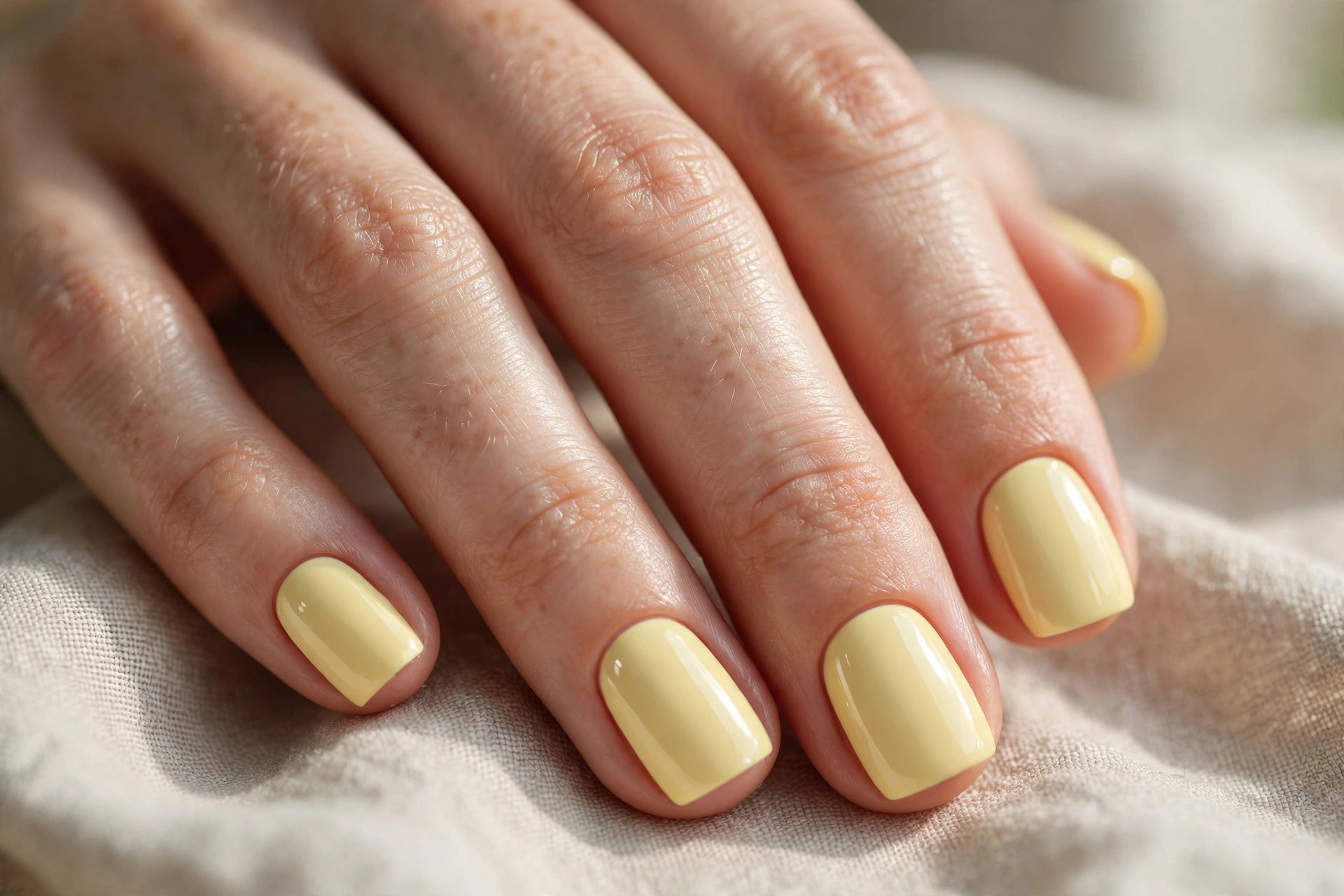 Short square nails in creamy pastel butter yellow polish