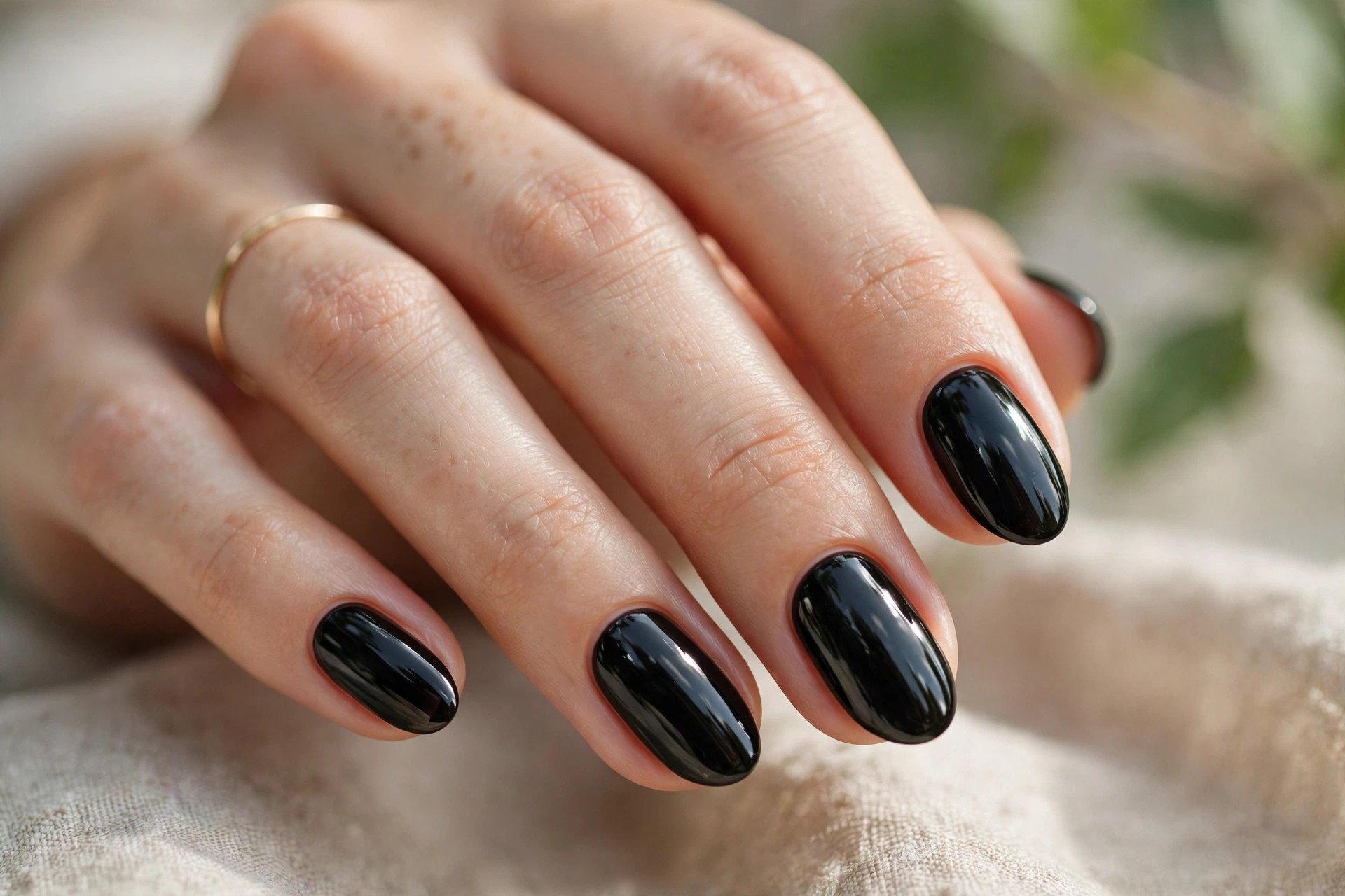 Short almond nails in glossy true black polish