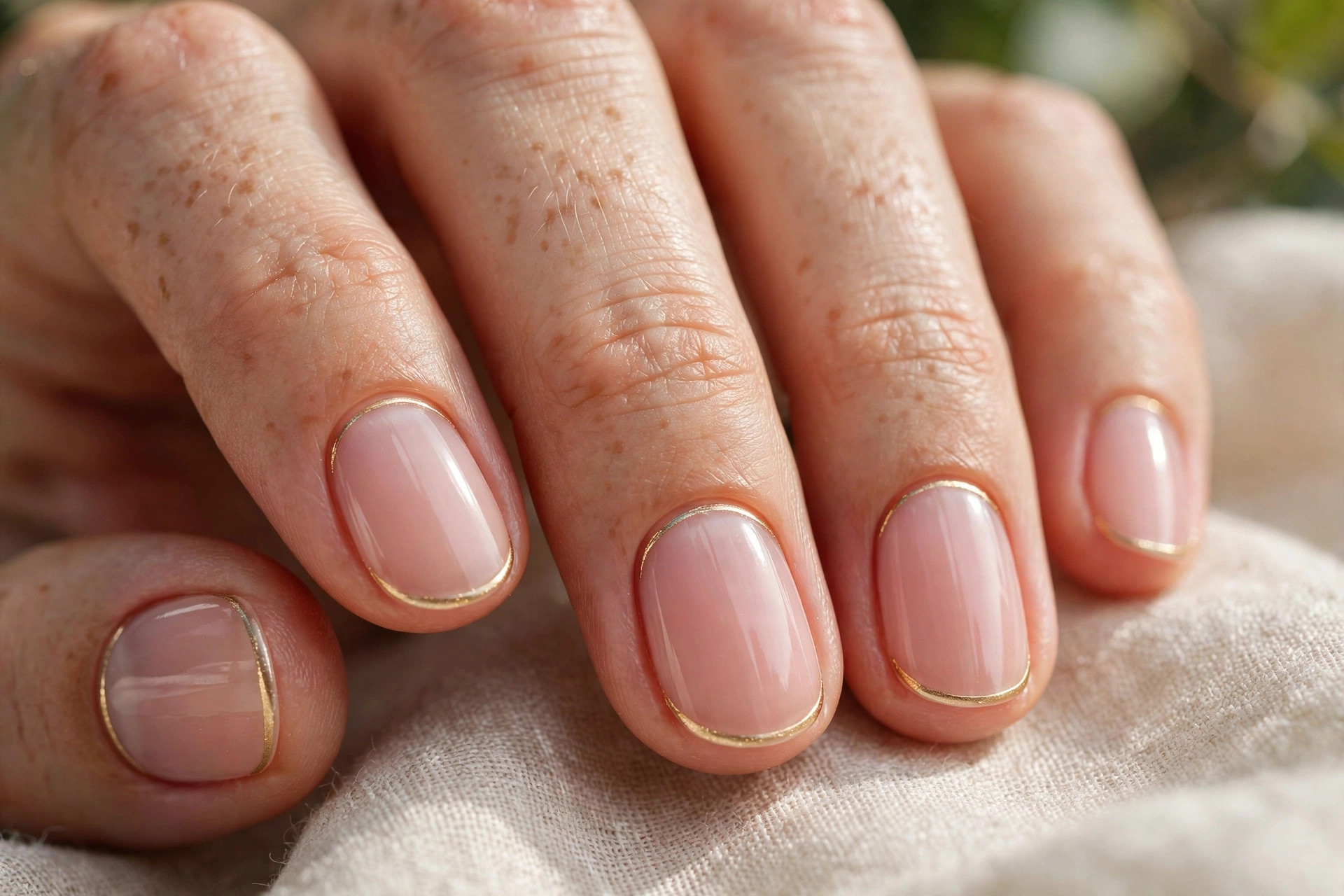 Short oval nails with sheer blush base and thin gold cuticle outline