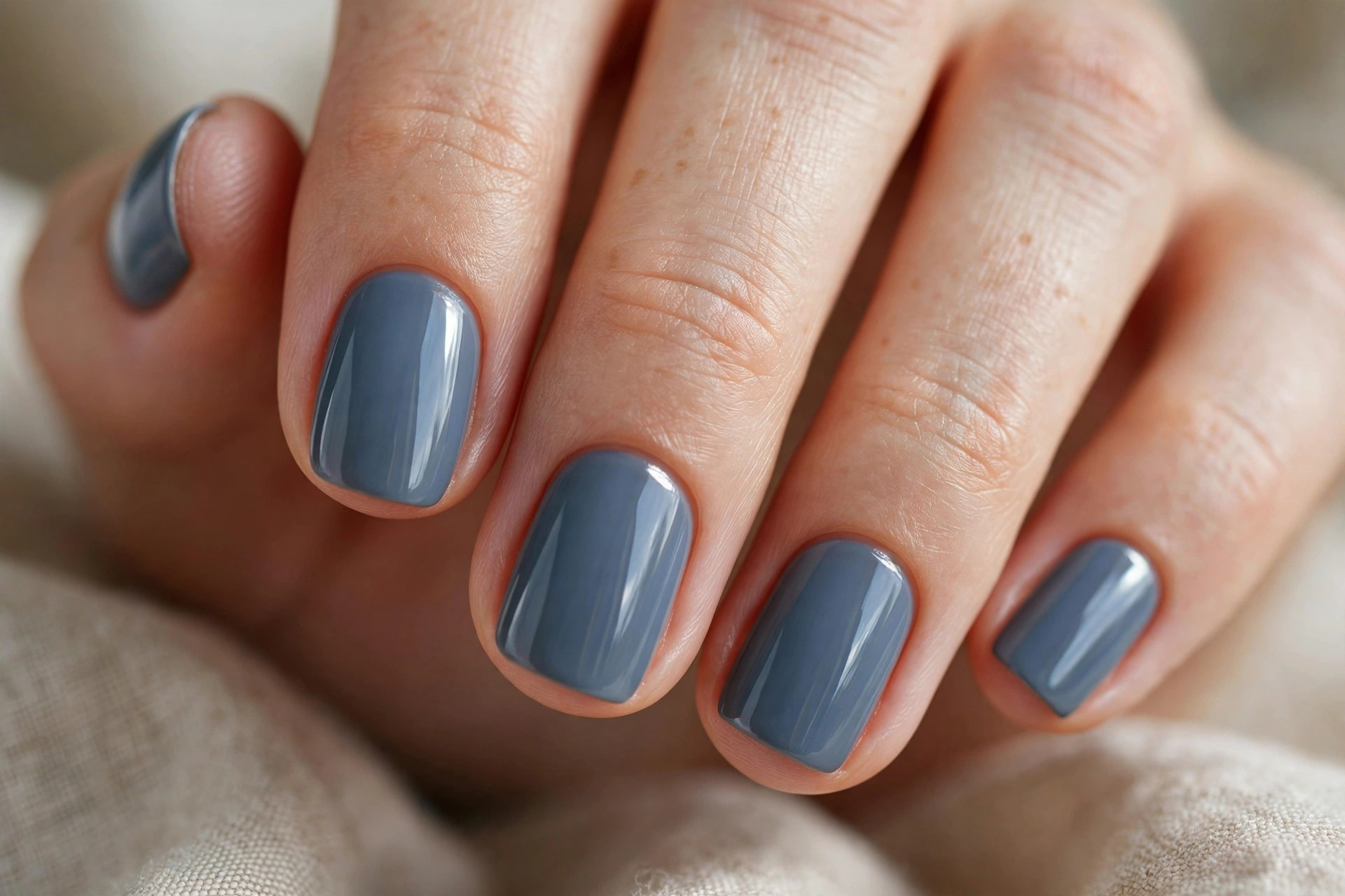 Short squoval nails in dusty slate blue-grey creme polish