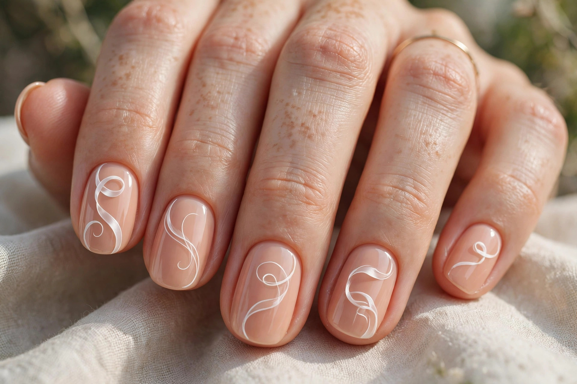 Short rounded nails with peachy nude base and white ribbon swirls