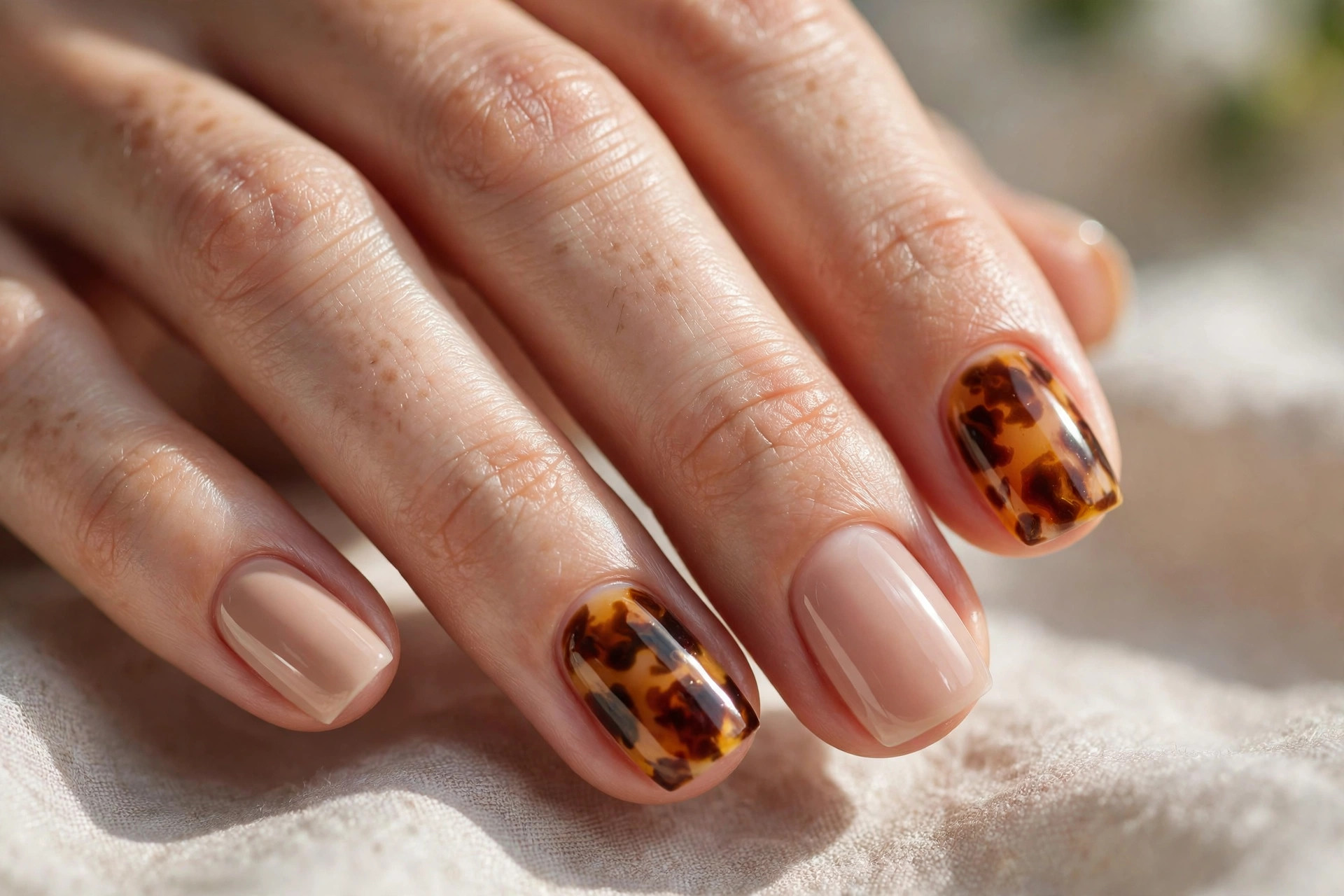 Short square nails with nude base and tortoiseshell marble accent nails