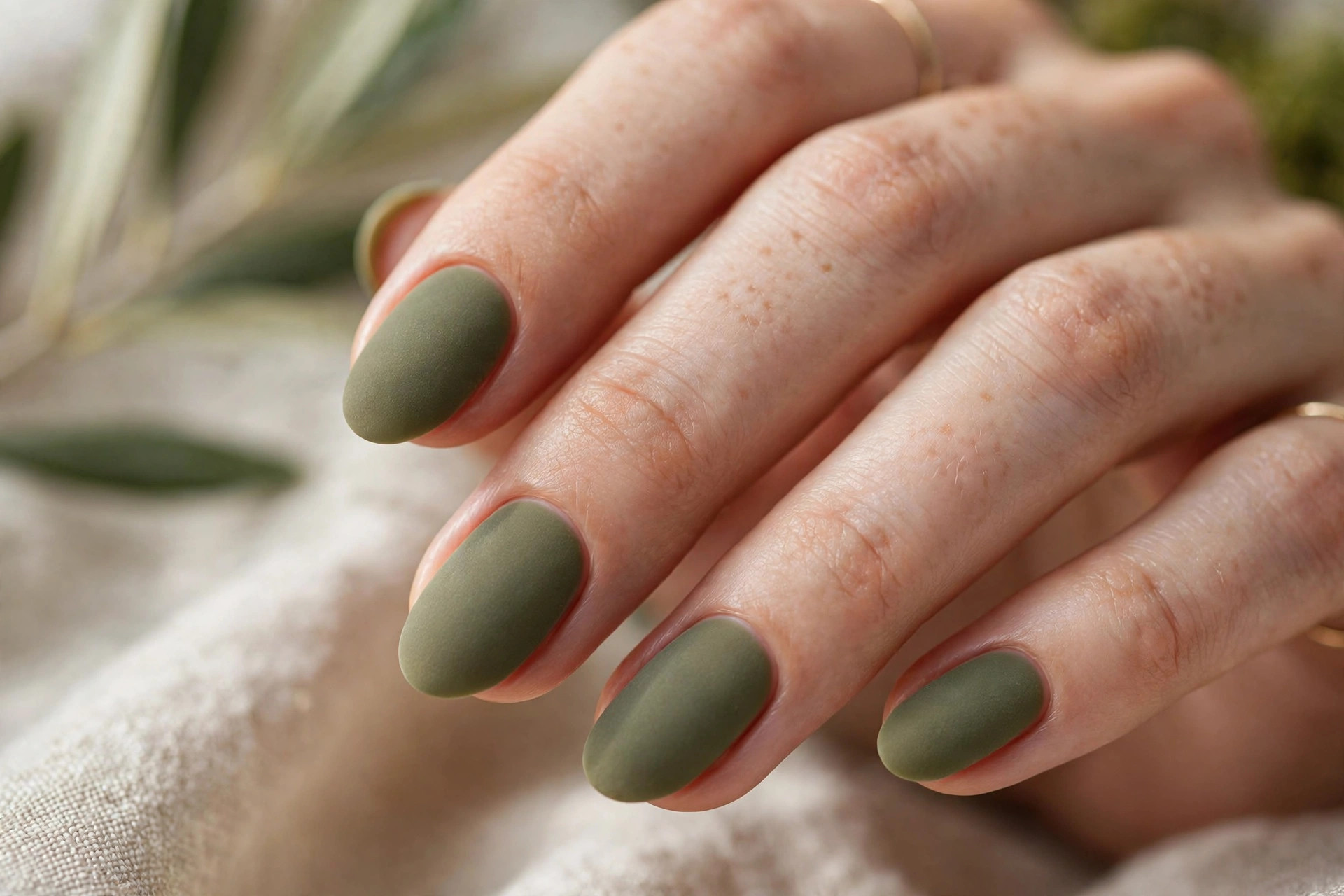 Short almond nails in muted olive green with matte finish