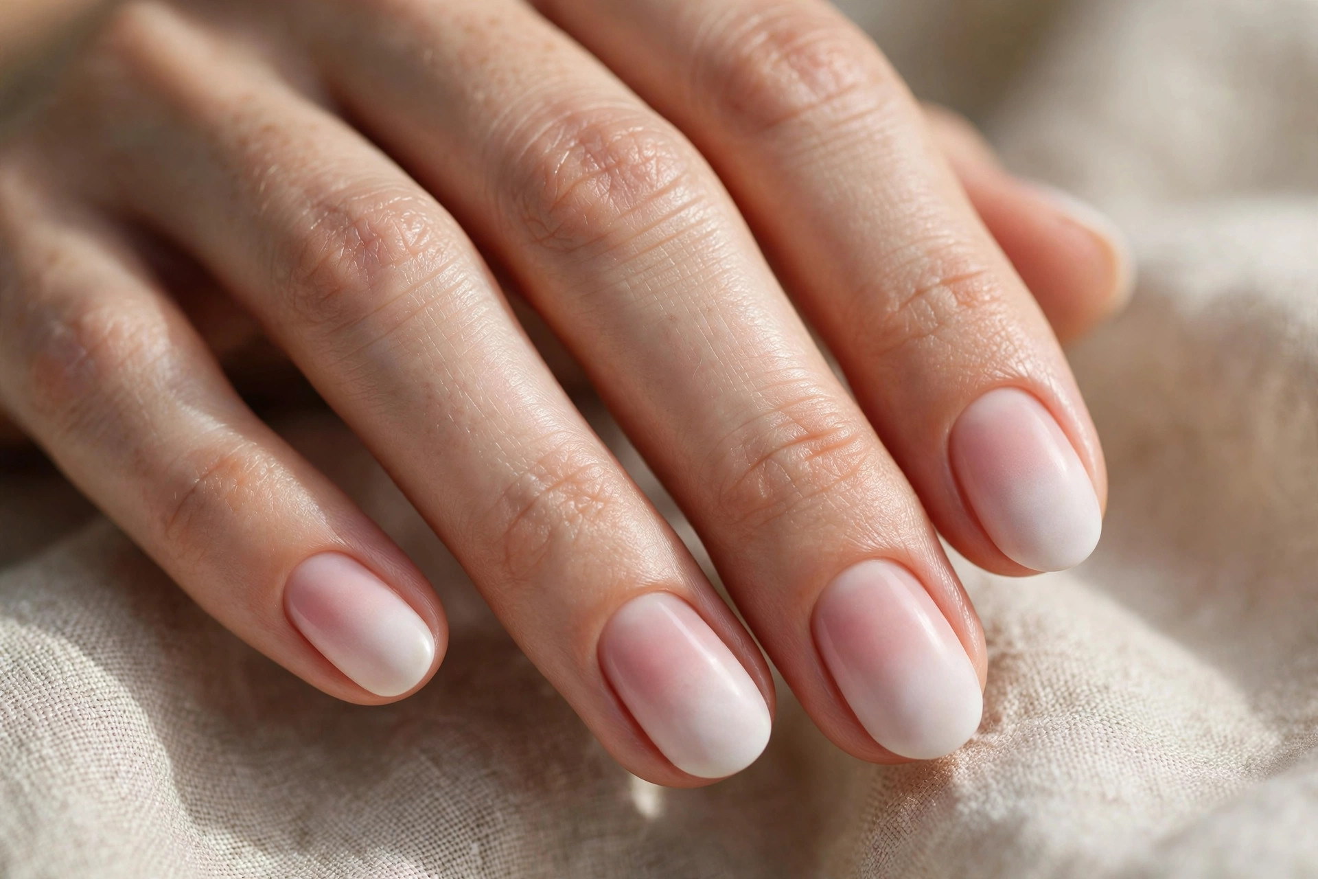 Short oval nails with soft pink to white French fade ombre