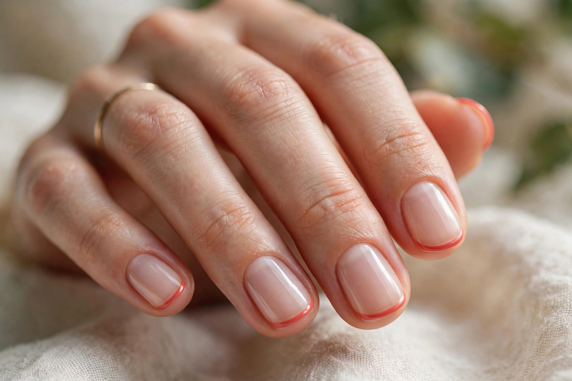 Short rounded nails with sheer nude base and slim coral red French tips