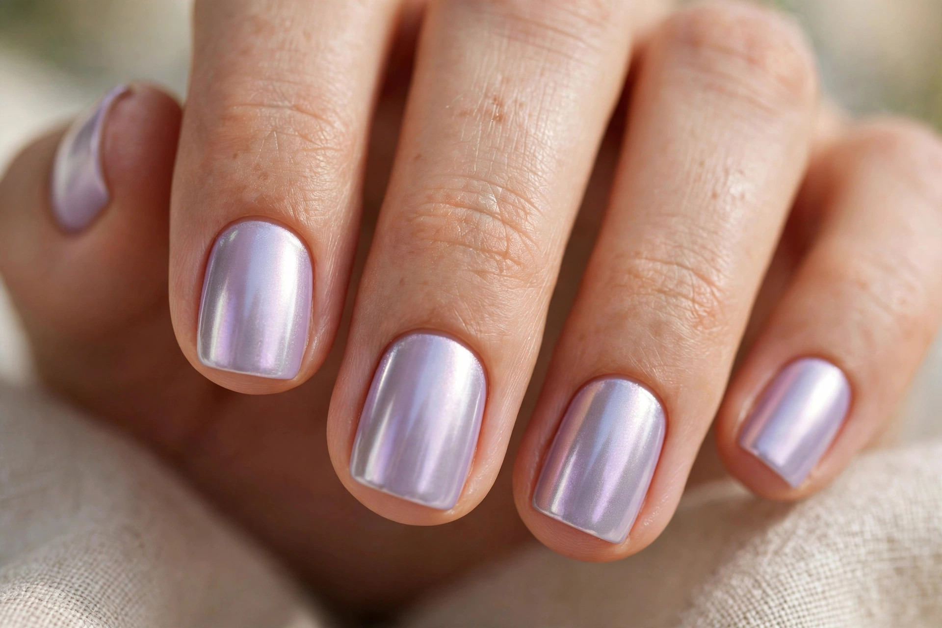 Short squoval nails in pastel lavender with chrome powder finish
