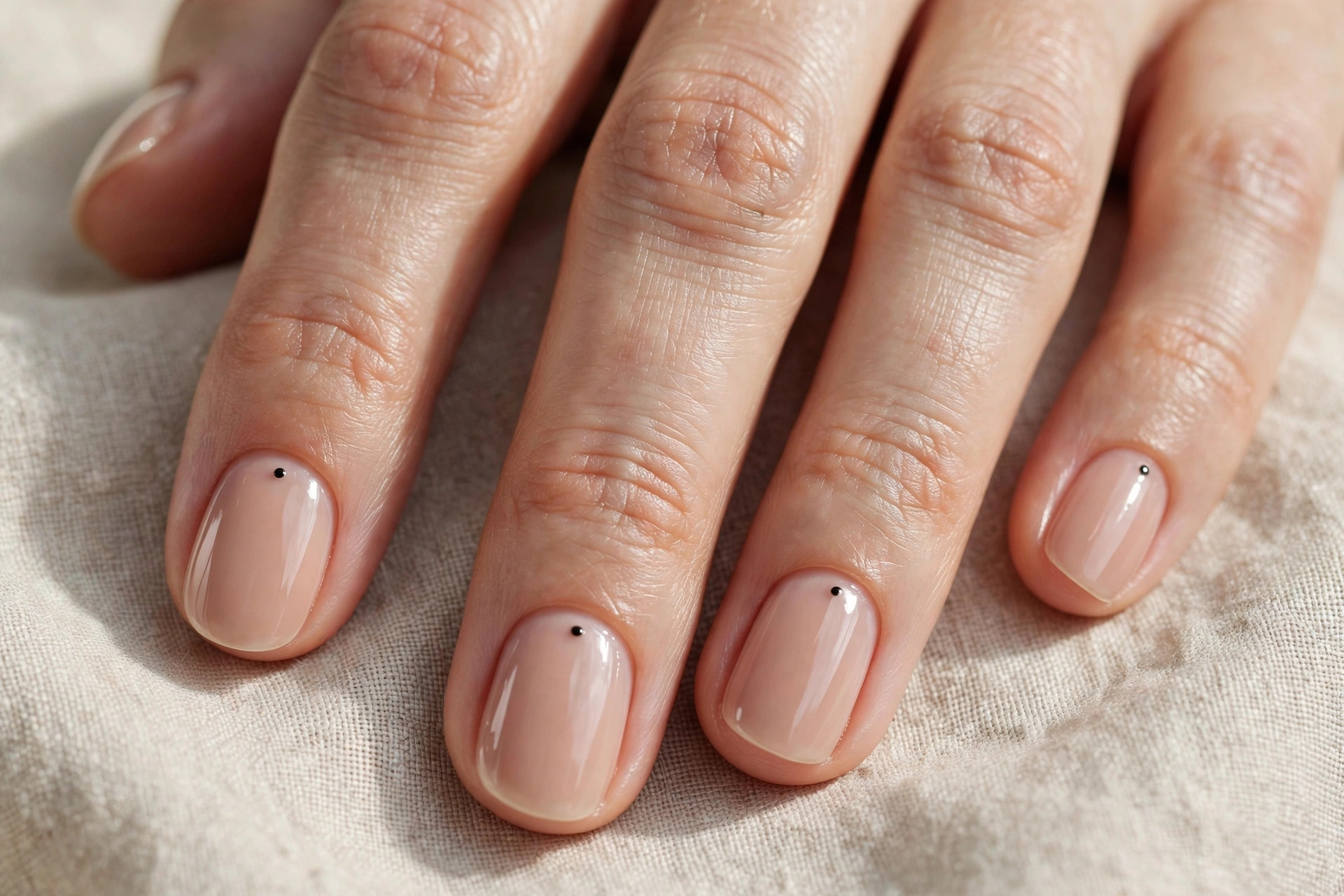 Short rounded nails in nude polish with a single tiny black dot each