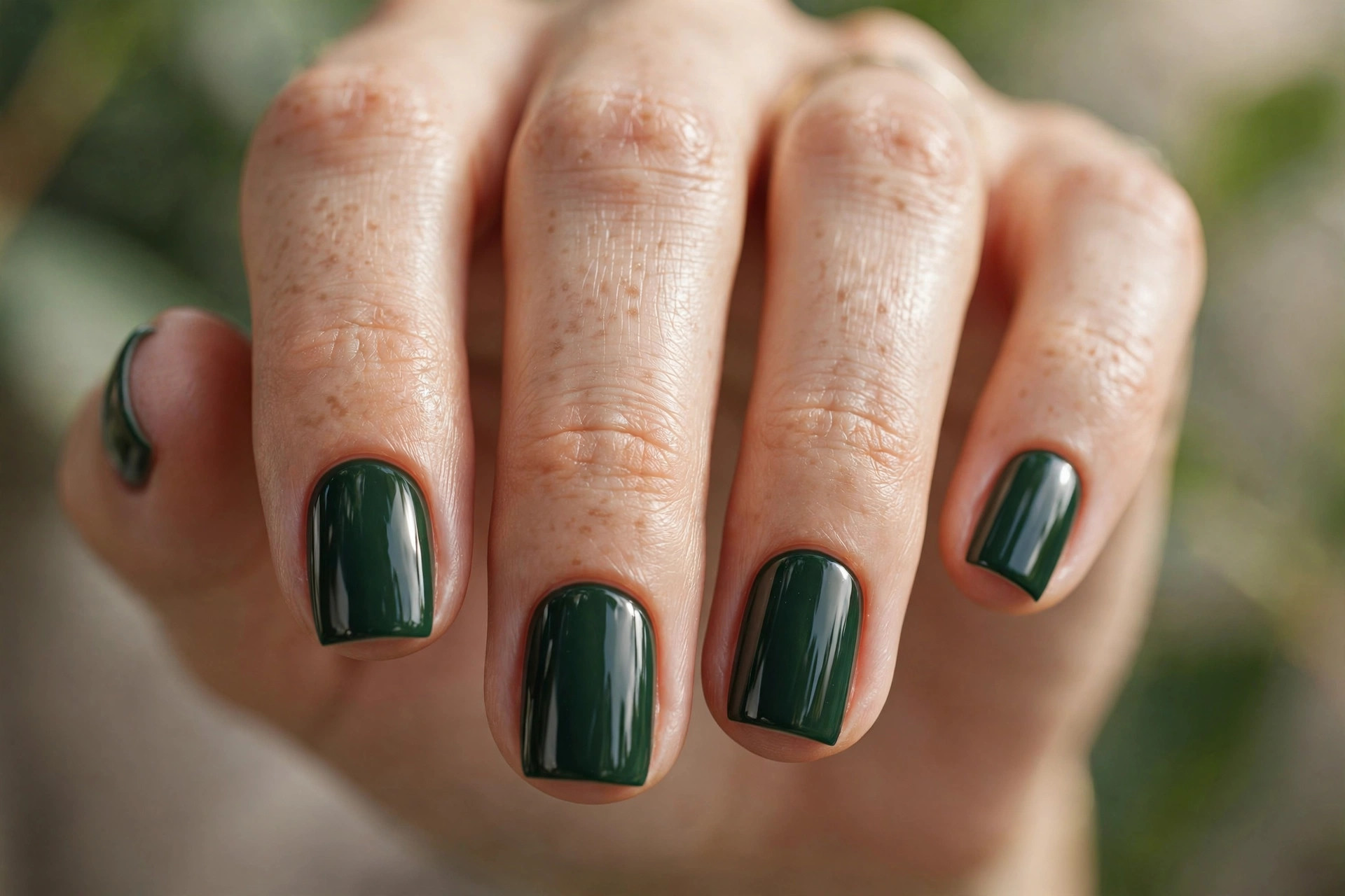 Short square nails in deep glossy forest green polish